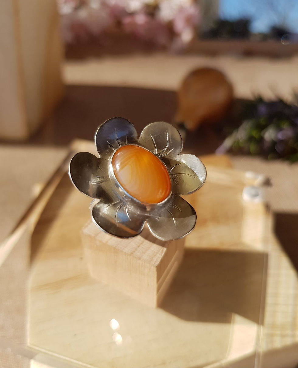 Miniature : Bague fleur argent et cornaline