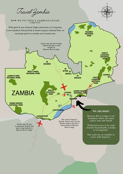 Map of the Zambezi river showing where the trips start and end