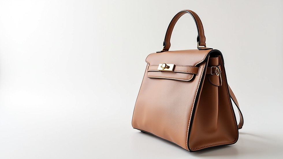 Close-up view of a designer handbag with gold hardware on a white background