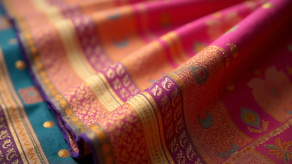 Close-up view of a vibrant Kanchipuram silk saree showing intricate zari work