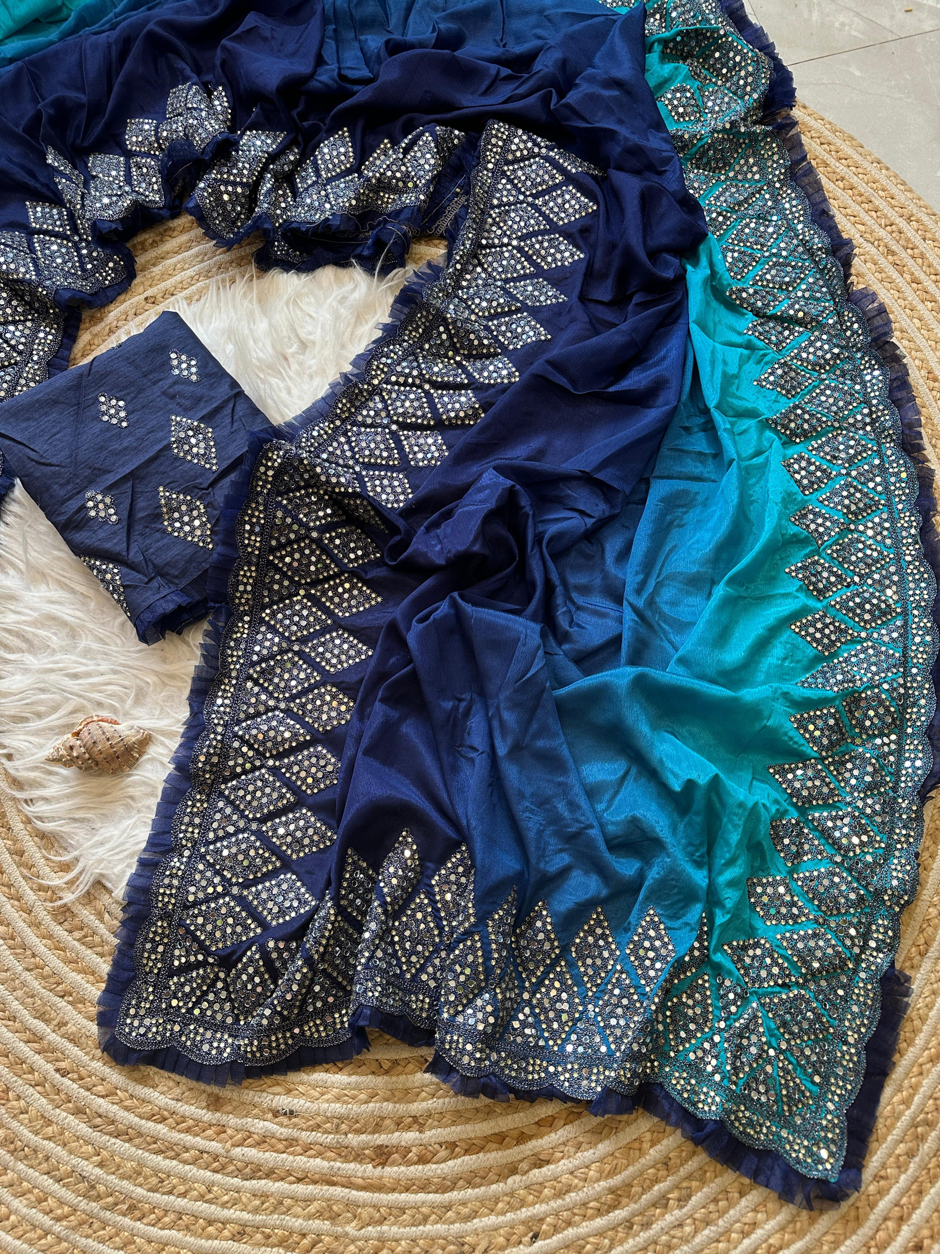 Beautiful Chinon silk saree with dual tone colors