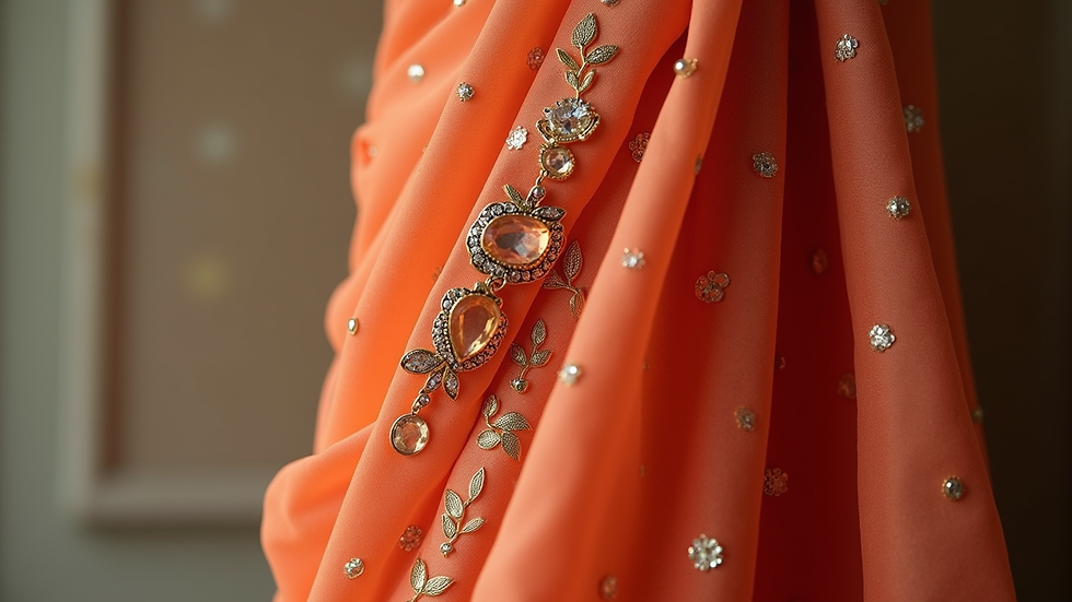 Close-up view of a georgette saree draped elegantly with matching accessories