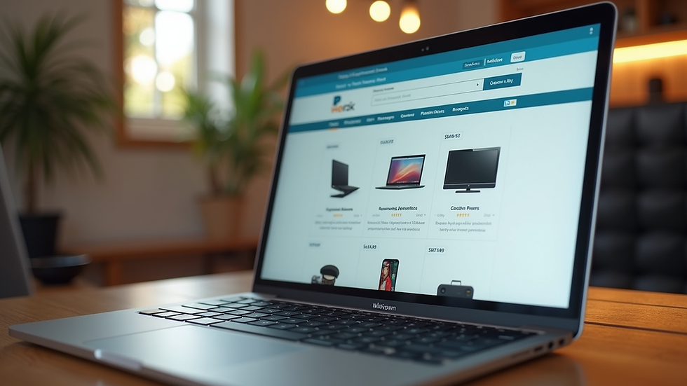 Eye-level view of a laptop screen displaying an online shopping website with various product categories