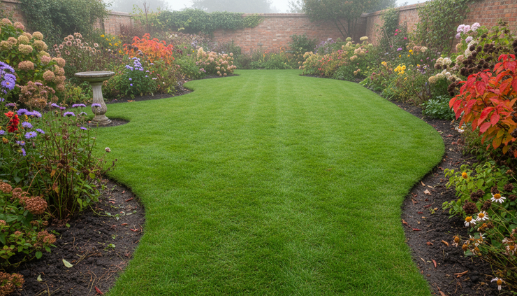 Wide-angle view of a greener lawn several weeks after scarifying with autumn borders in the background.