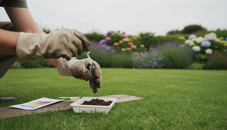 Eye-level view of a gardener using a handheld soil test kit beside a lawn
