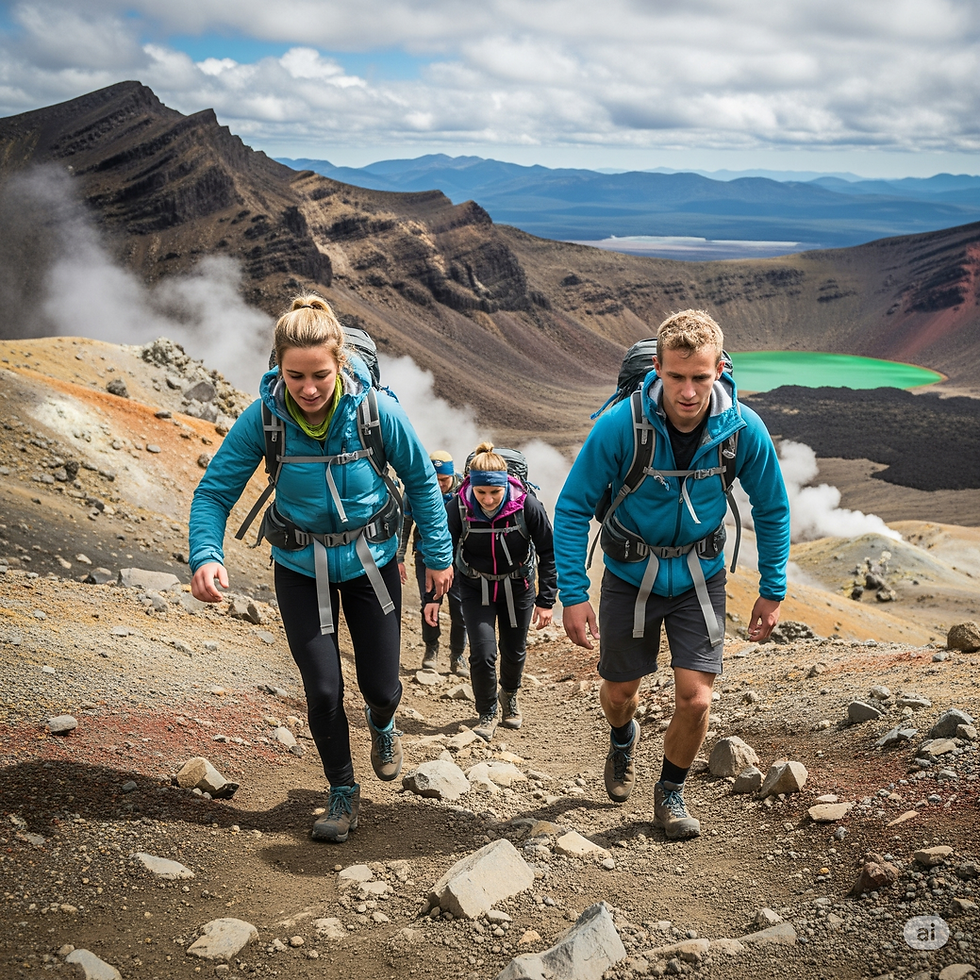 A group of four hikers with backpacks trek up a rocky, volcanic trail with steam rising from vents and a green crater lake in the background.