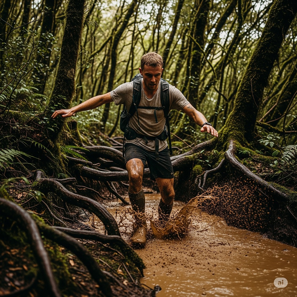 A male hiker splashes through a deep, muddy trail while balancing on gnarled roots in a dense, moss-covered forest