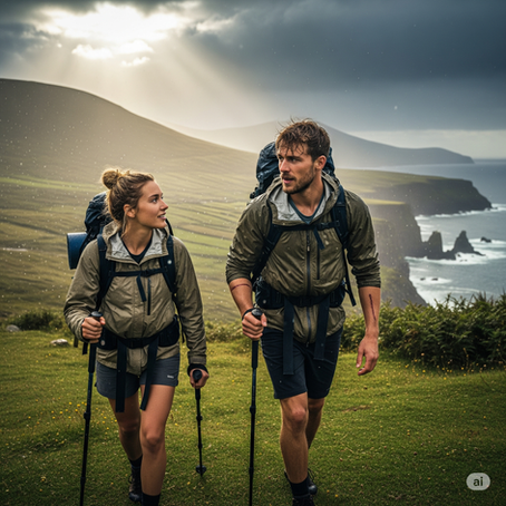 A man and woman wearing waterproof jackets and backpacks hike with trekking poles along a green coastal path as sunbeams break through dramatic rain clouds