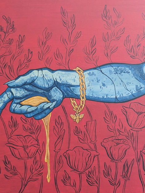 The arm of a stone statue pours honey out from its hand, surrounded by the outline of poppies