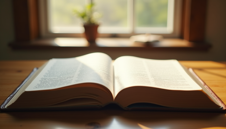 Eye-level view of an open Bible resting on a wooden table with soft natural light