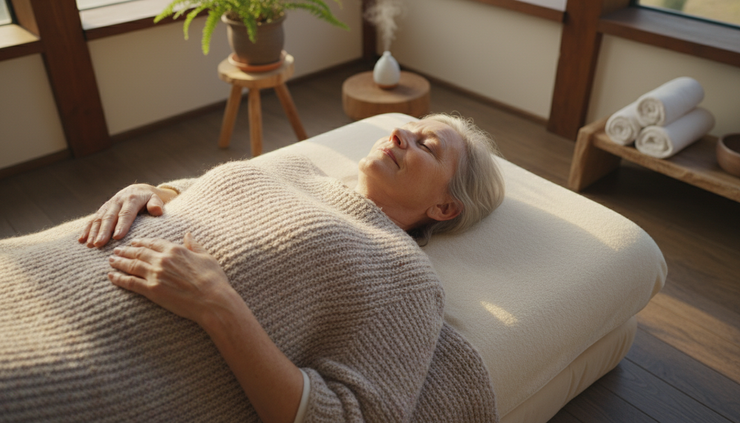 Overhead view of an older adult resting with a blanket after a gentle massage session