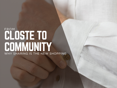 lose-up of a person buttoning a white organic hemp shirt sleeve with text overlay ‘From Closet to Community – Why Sharing Is the New Shopping,’ promoting clothing swaps and sustainable fashion.