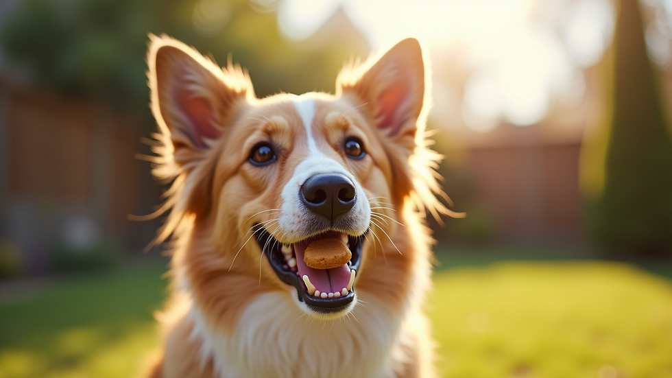 Eye-level view of a dog enjoying a treat in a sunny backyard