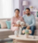 Happy family sitting on a sofa with their dogs, showing warmth and trust in a home setting