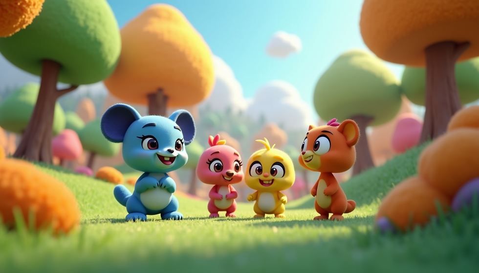 Colorful cartoon animals happily chat in a vibrant, whimsical forest with colorful trees and a bright blue sky.