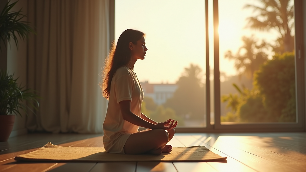 Eye-level view of a person practicing mindfulness in a serene environment