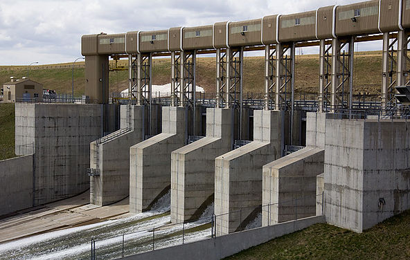 The gates of the Oldman River Hydro Electric Power Plant in Alberta Southwest. Credit David Thomas.