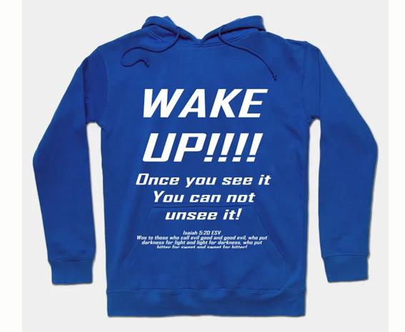 Blue long sleeve sweatshirt with wake up text