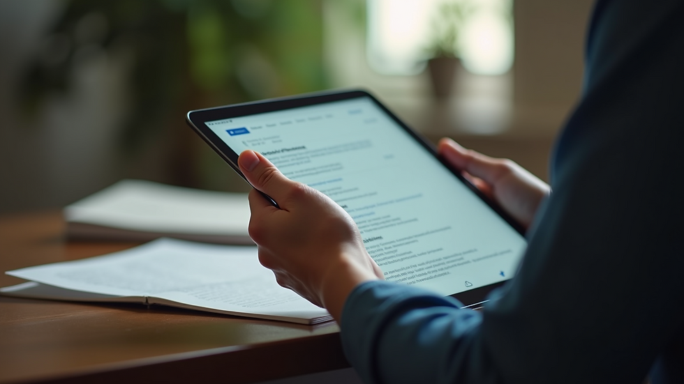 Close-up view of a person reading psychology articles on a tablet