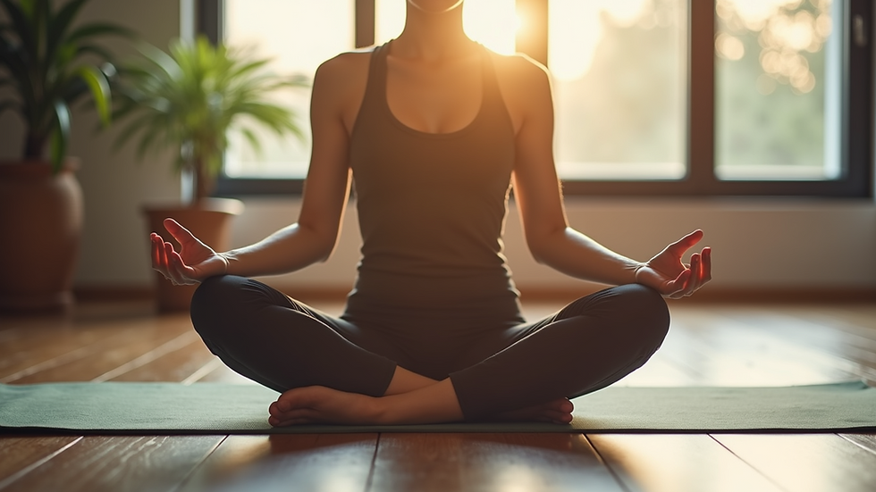 Close-up view of a person sitting cross-legged on a yoga mat meditating