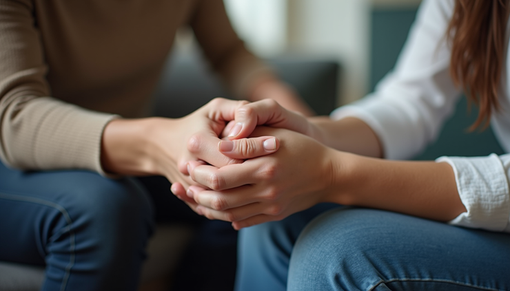 Close-up view of a couple holding hands during a counseling session