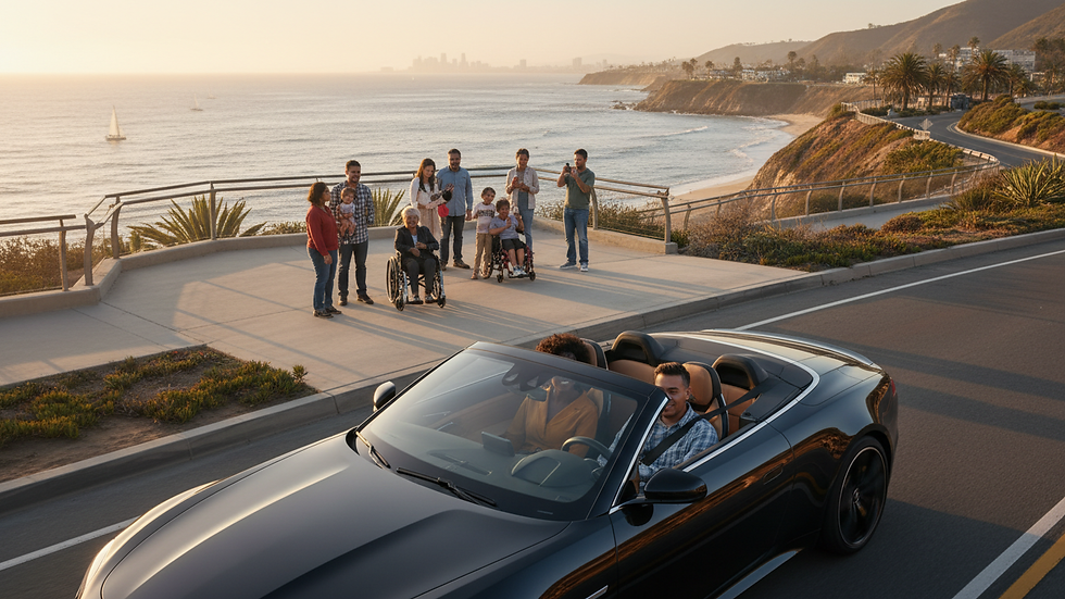 Wide angle view of a luxury black car driving along a coastal highway in Southern California