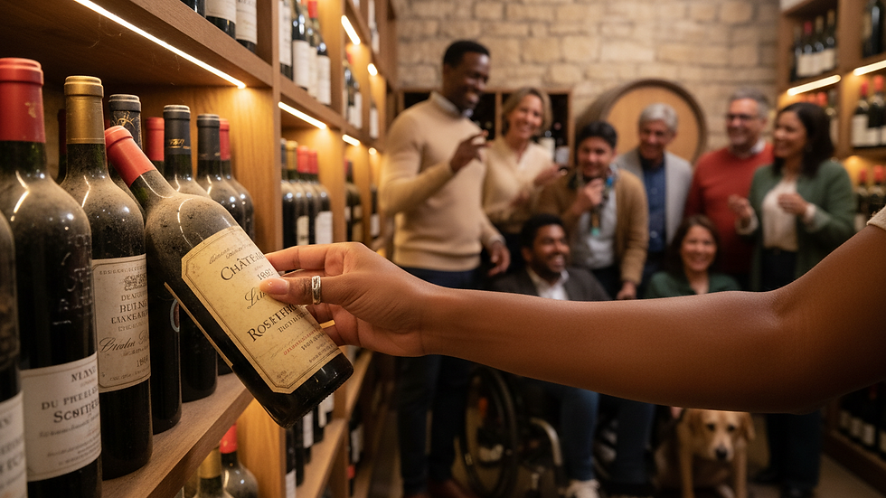 Close-up view of a hand selecting a vintage wine bottle in a dimly lit cellar