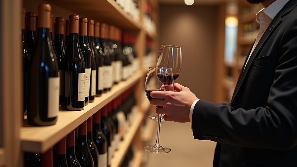 Close-up view of a luxury lifestyle manager selecting fine wines for a private event