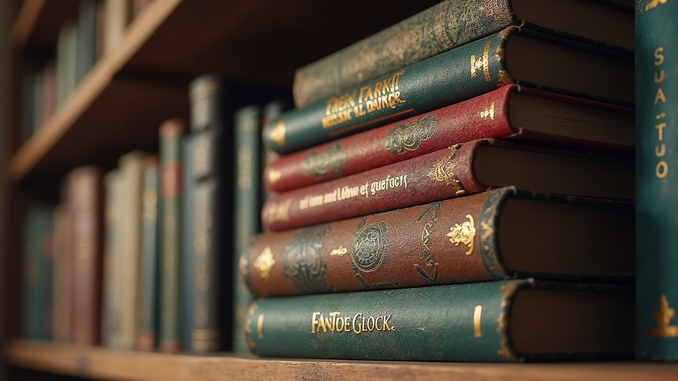 High angle view of a stack of fantasy novels on a wooden shelf