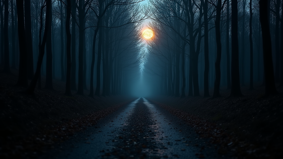Eye-level view of a dark forest path illuminated by moonlight