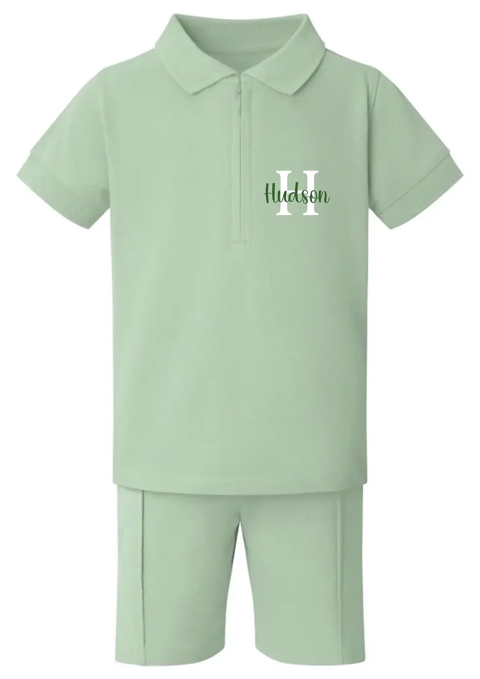 Thumbnail: Boys' shorts and t-shirt set, including a zip-up style polo t-shirt personalised with your child's name and pin tuck shorts.