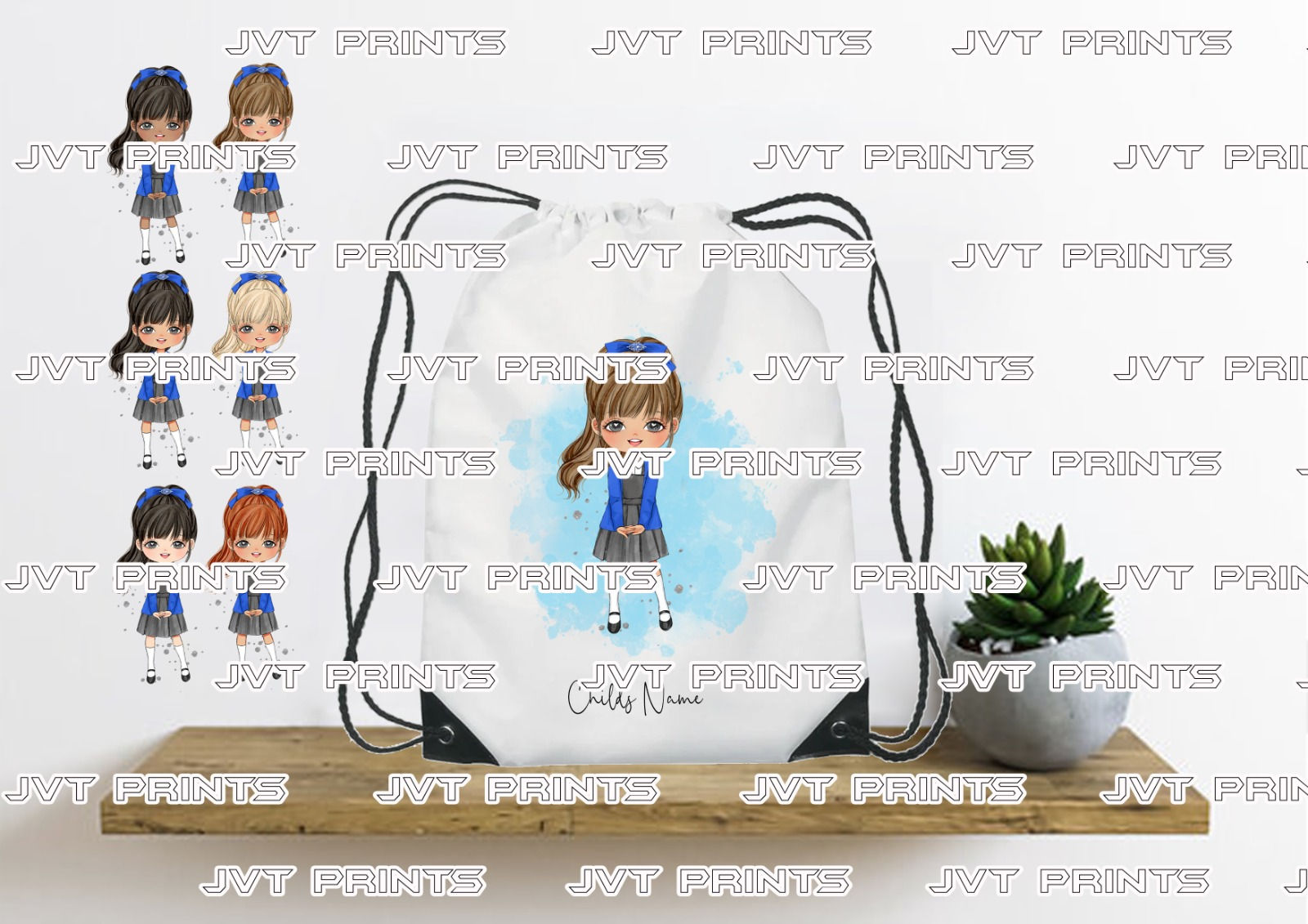 Girls Drawstring P.E Bag - Blue Cardigan - Pony Tail