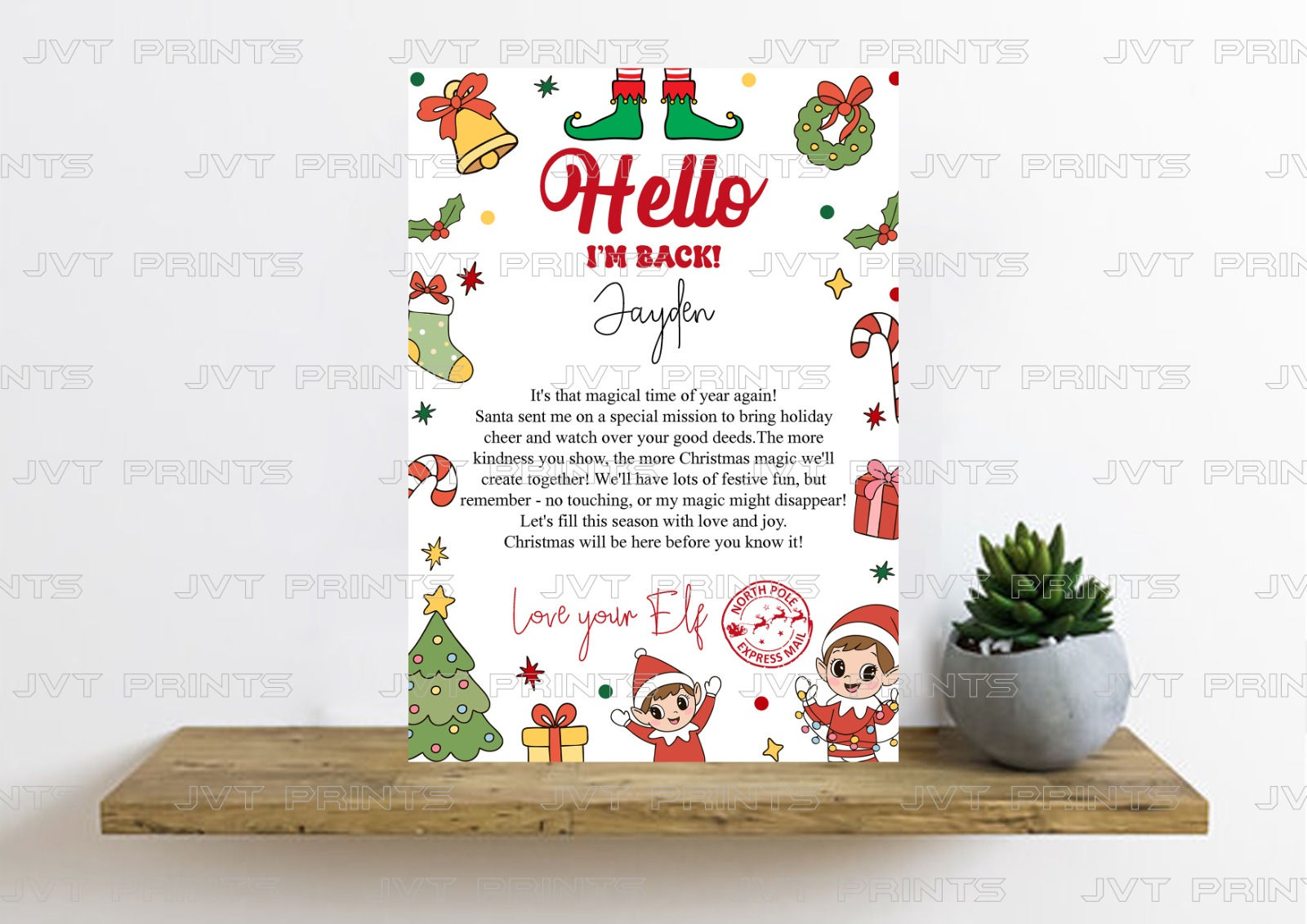 A colourful personalised elf letter displayed upright on a wooden shelf, im back design again