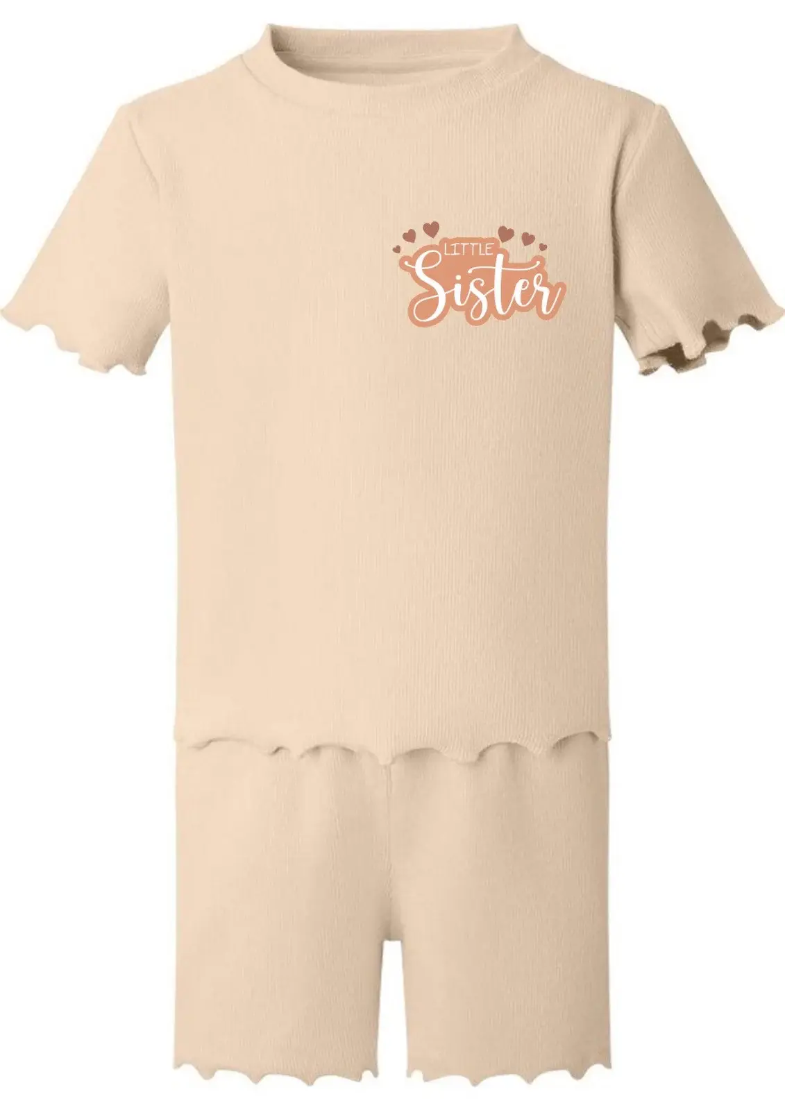 Big sister/little sister matching shorts and t-shirt sets featuring playful designs,