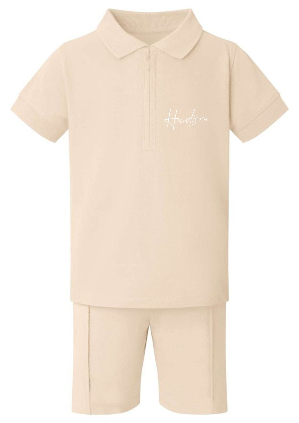 Child's polo shirt and shorts set, featuring Child's Name in nude