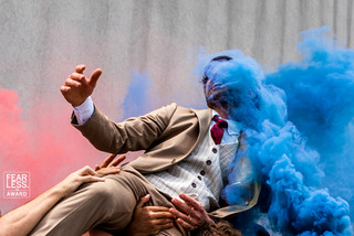 Fearless Award, surrealistic smokebomb, group portrait groom with best men