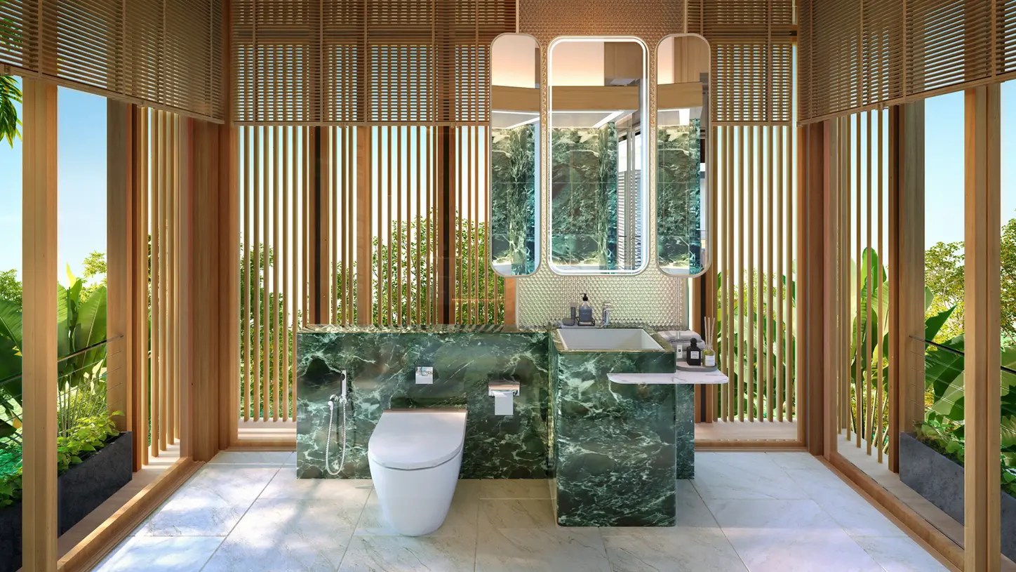 Annara Residences Top Luxury villa Modern bathroom with green marble and wooden screens allowing natural light