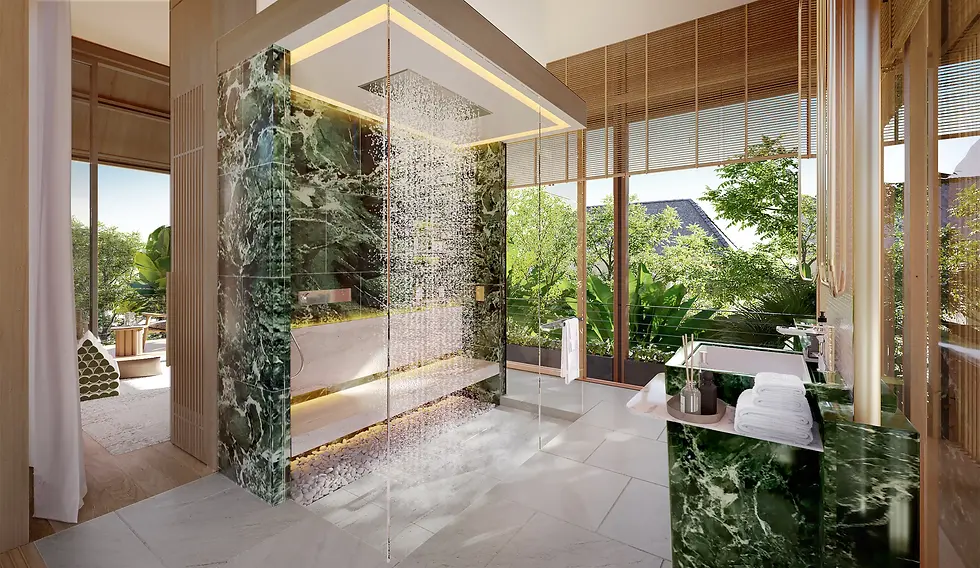 Rain shower bathroom at Annara Residences Top Phuket Pool Villa featuring marble walls, warm lighting, and lush garden views
