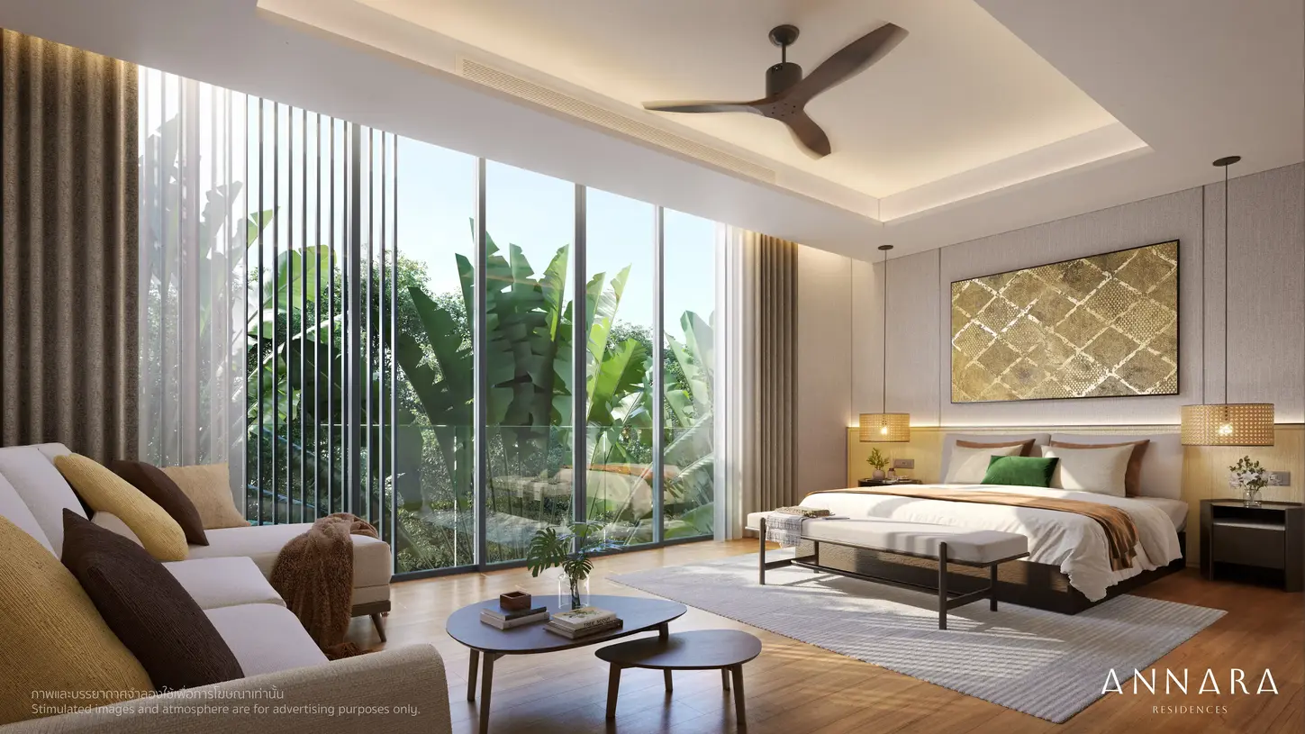 Annara Top Luxury home Phuket Master bedroom with warm natural tones, floor-to-ceiling windows, and tropical greenery view