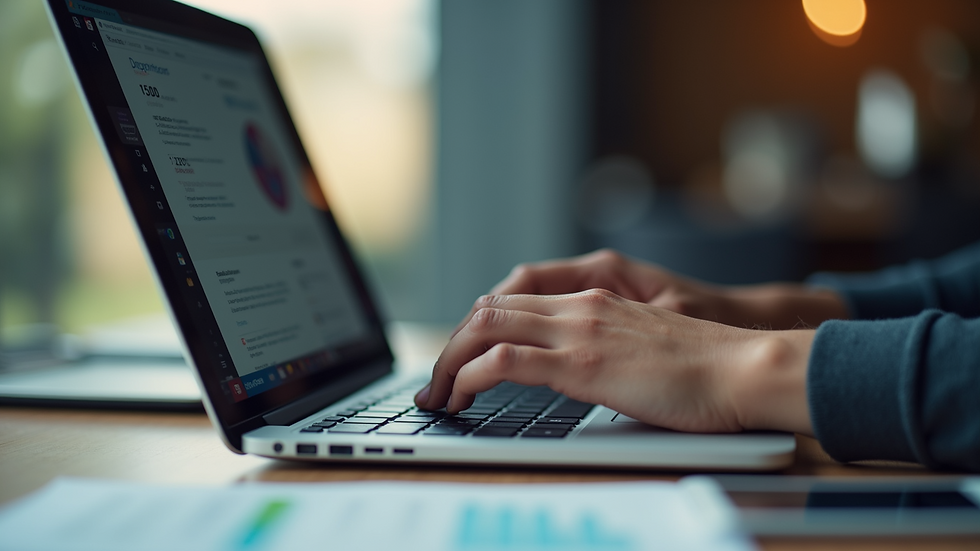 Eye-level view of a person typing on a laptop while researching SEO strategies
