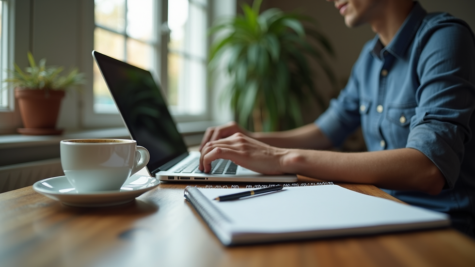 Eye-level view of a person working on a laptop with a notebook and coffee