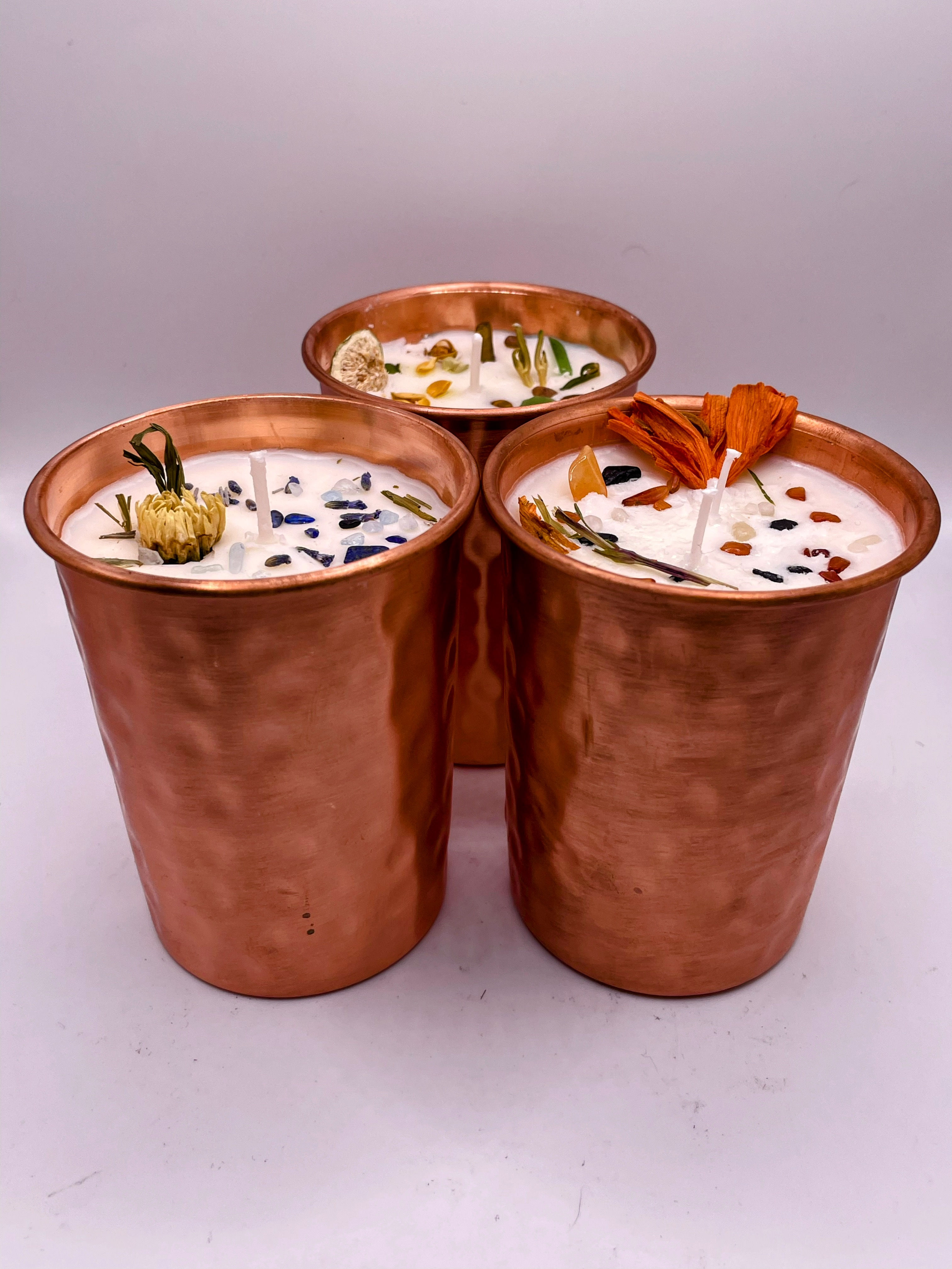 Non-toxic, frequency infused, with dried flowers and crystals candles