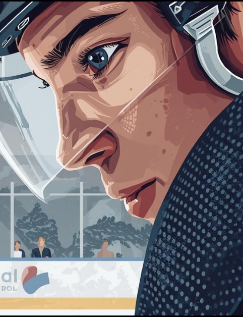 Illustration of a focused hockey player scanning the ice with teammates in the background during a game.