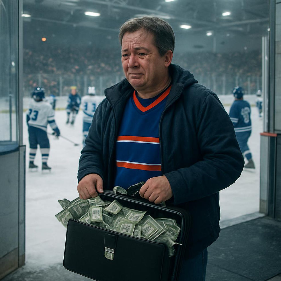 A middle-aged hockey parent standing inside an ice rink, holding a briefcase overflowing with cash and looking emotionally stressed as youth players skate in the background.