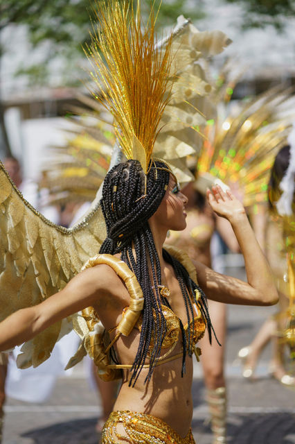 Gold sequins and a towering plume — the Paris tropical carnival