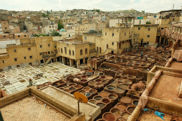 Traditional tannery in Fes, Morocco showcasing ancient leather dyeing processes.
