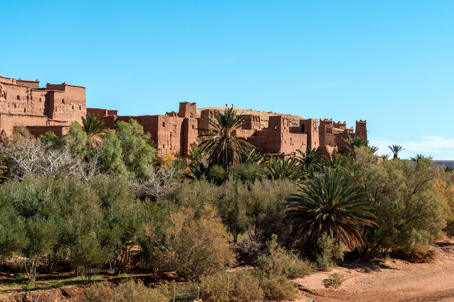 Explore the ancient architecture of Ait Benhaddou Kasbah set against Morocco's lush desert landscape.