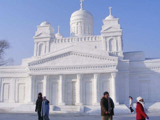 Illuminated snow church at Harbin Ice and Snow Festival