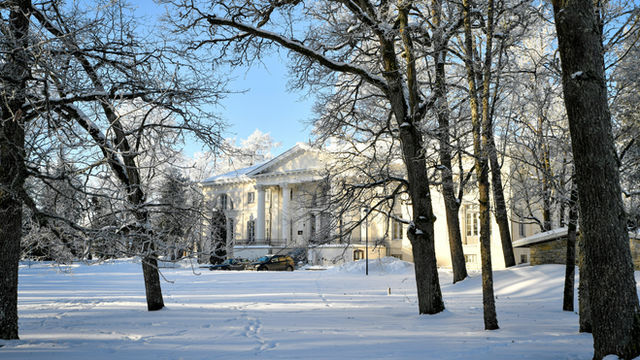 A bright winter day in the snowy park of Saku Manor, Estonia, where ancient oak trees stand heavy with snow, while birch and aspen branches are coated in thick frost. Footprints in the snow lead throu