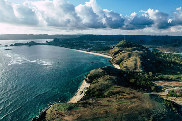 Breathtaking aerial capture of Lombok's pristine Mandalika beach and coastline.